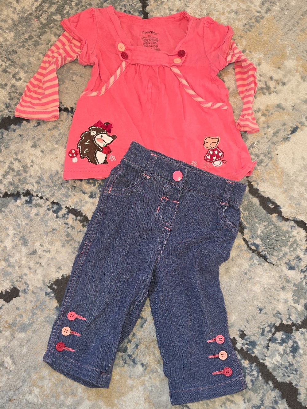George Pink Striped Sleeve Top & Dark Blue Denim Capris